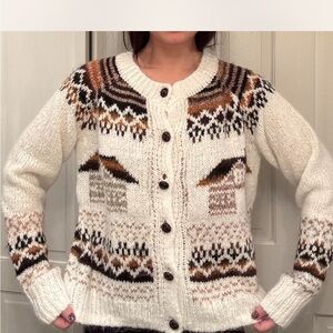 Urban Outfitters Cream and Brown Patterned Cardigan